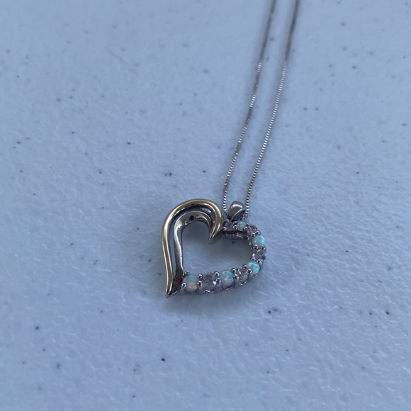 10k Yellow Gold & 925 Sterling Silver Heart and Crystal Opal Necklace - Picture 4 of 13